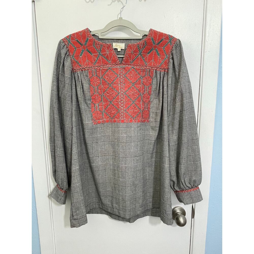 Layerz Blouse XL Black White Houndstooth Plaid Embroidered Preppy Office